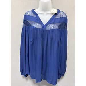 Entro Oversized Balloon Sleeve Blue Boho Lace Back Shirt Top Blouse Large